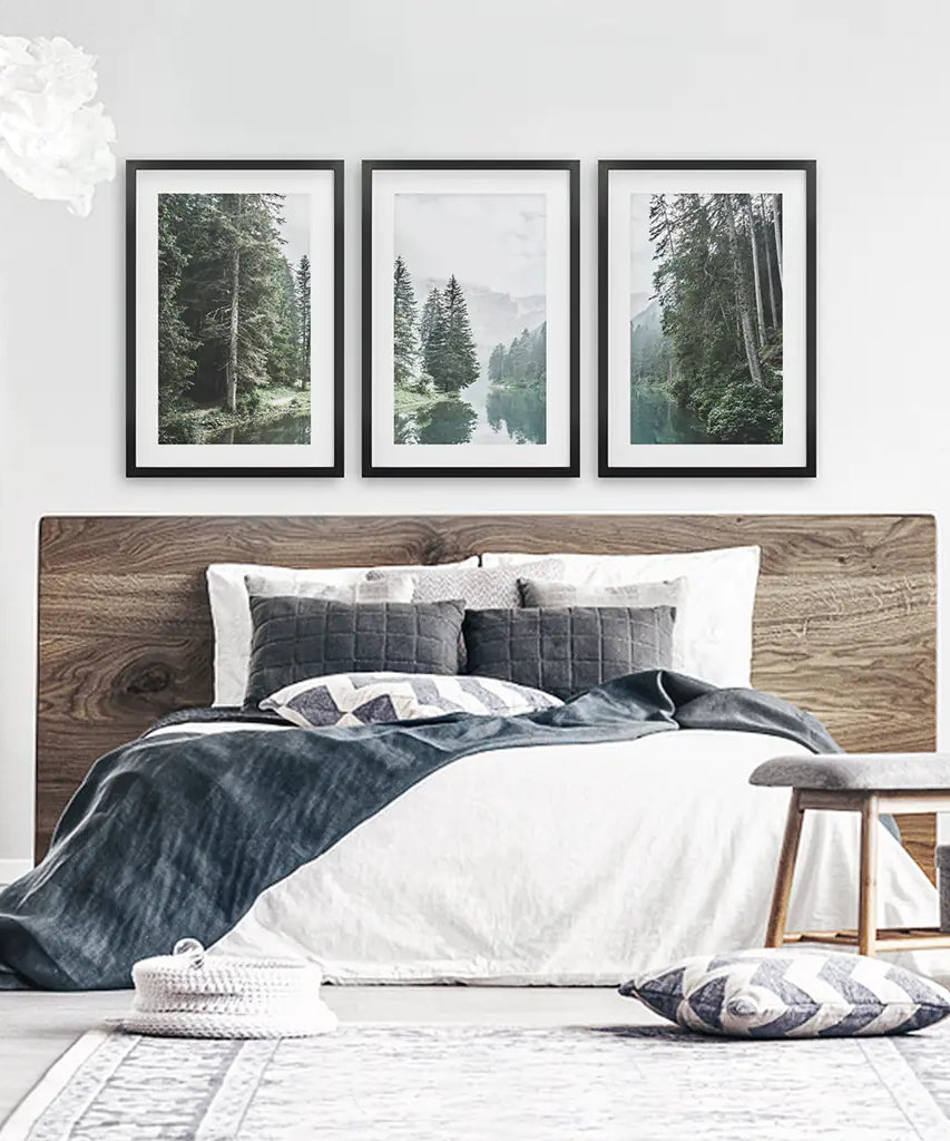 Green Forest River with Trees and Mountain. 3 Piece Wall Art