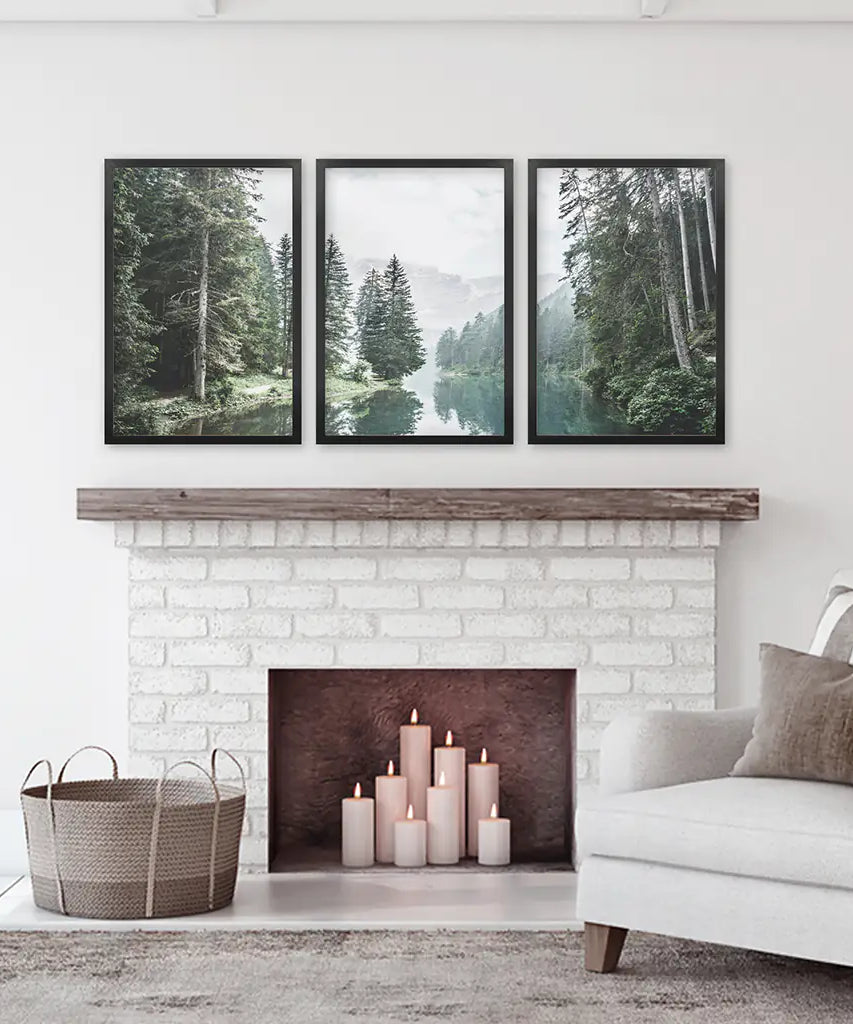 Green Forest River with Trees and Mountain. 3 Piece Wall Art