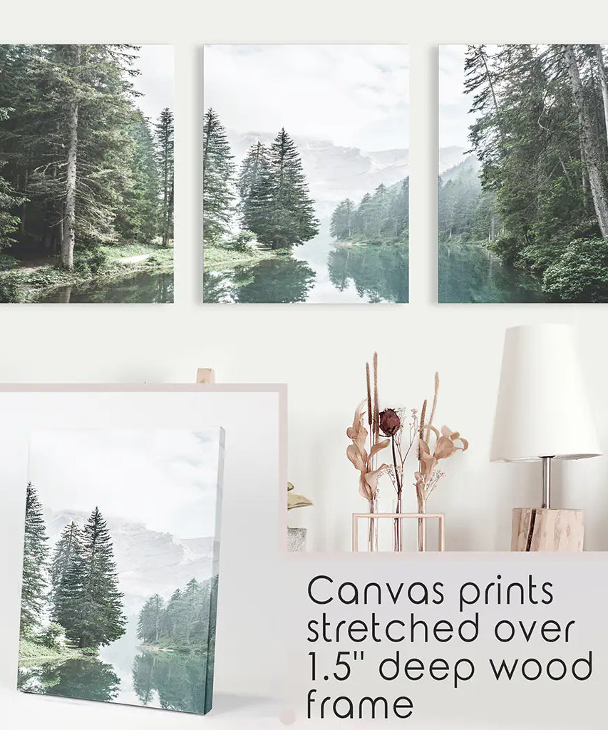 Green Forest River with Trees and Mountain. 3 Piece Wall Art