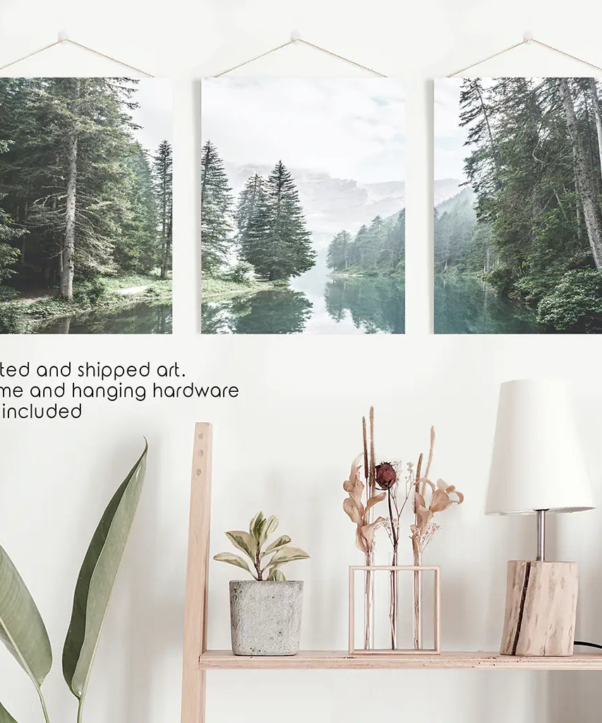 Green Forest River with Trees and Mountain. 3 Piece Wall Art