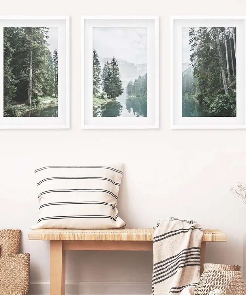 Green Forest River with Trees and Mountain. 3 Piece Wall Art