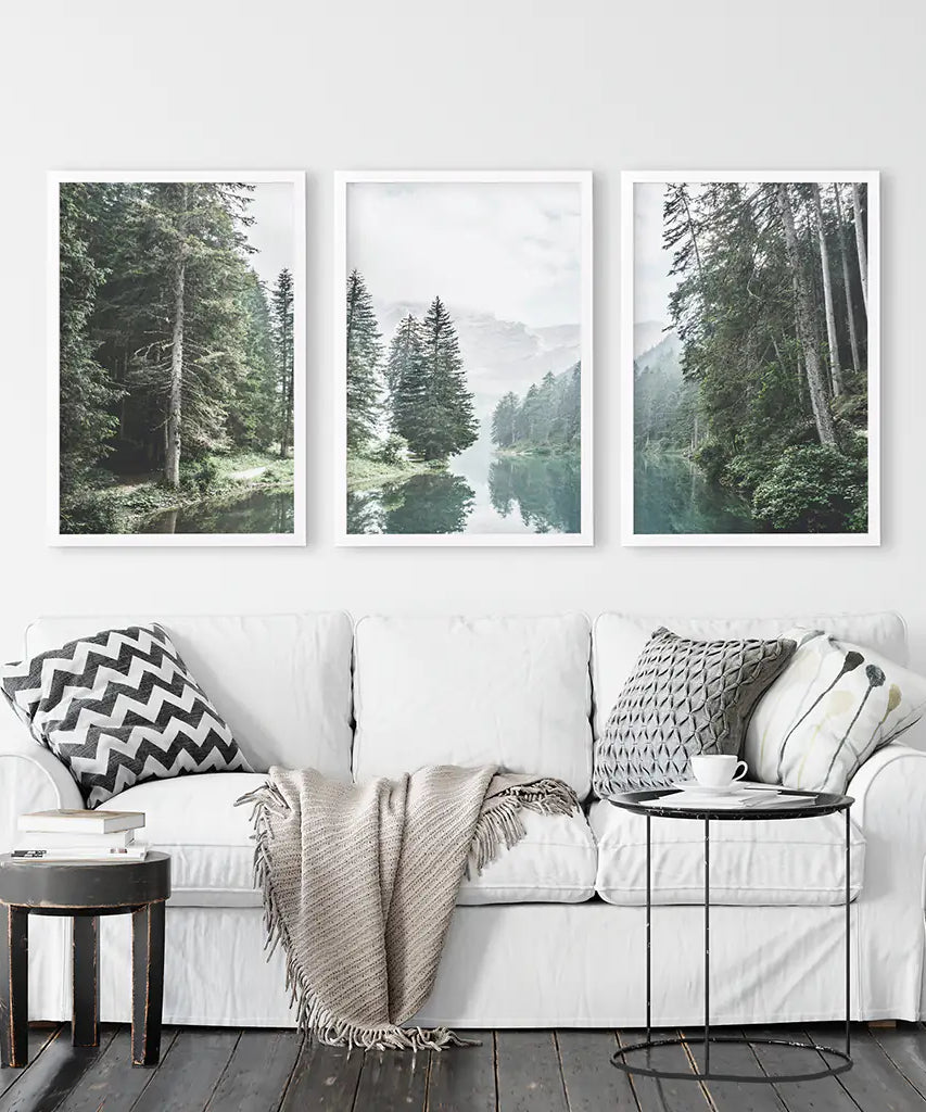 Green Forest River with Trees and Mountain. 3 Piece Wall Art