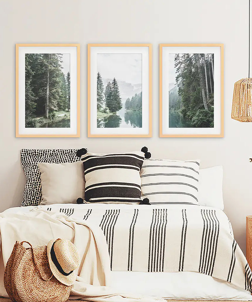 Green Forest River with Trees and Mountain. 3 Piece Wall Art