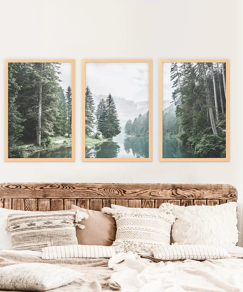 Green Forest River with Trees and Mountain. 3 Piece Wall Art