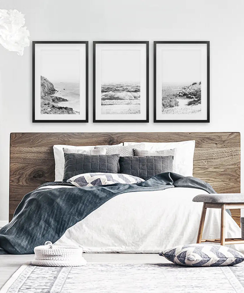 Coastal Black White Photography Set. Waves, Rocky Beach