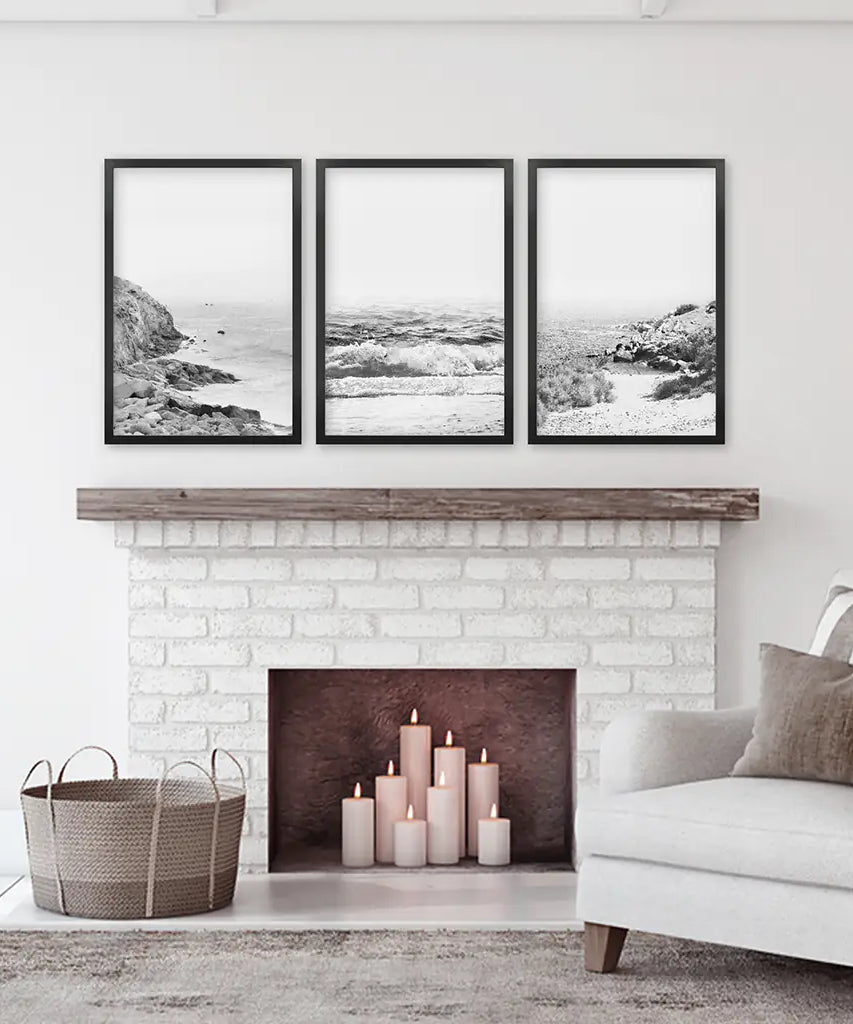 Coastal Black White Photography Set. Waves, Rocky Beach