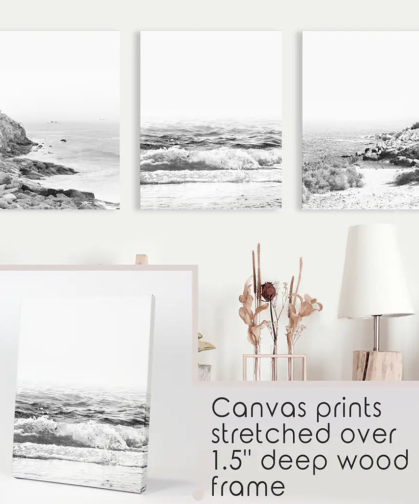 Coastal Black White Photography Set. Waves, Rocky Beach