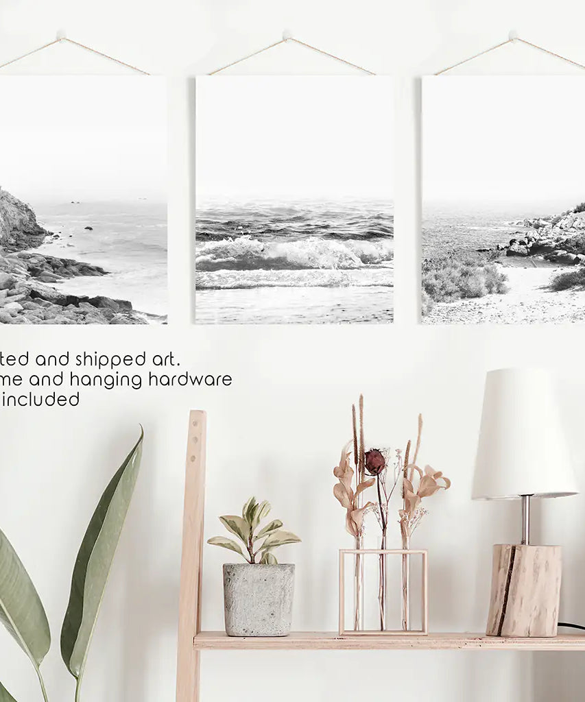 Coastal Black White Photography Set. Waves, Rocky Beach