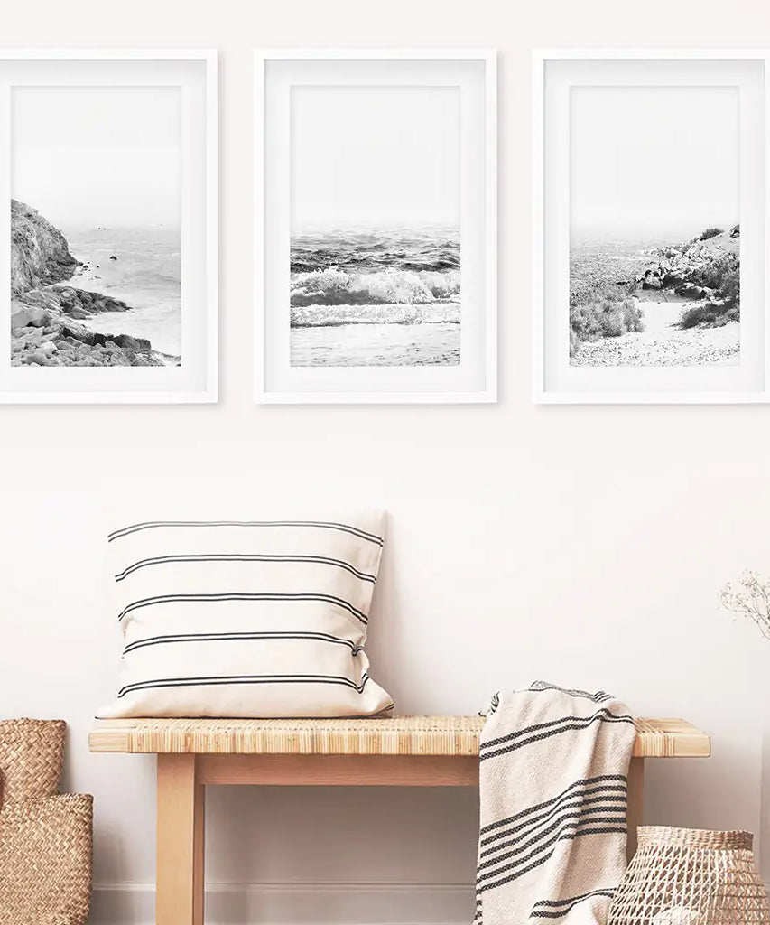 Coastal Black White Photography Set. Waves, Rocky Beach