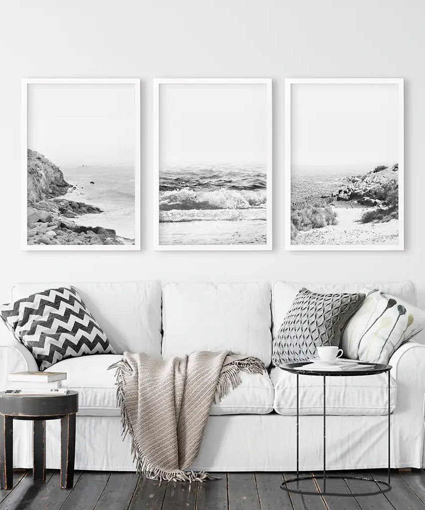 Coastal Black White Photography Set. Waves, Rocky Beach
