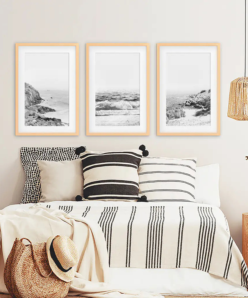 Coastal Black White Photography Set. Waves, Rocky Beach