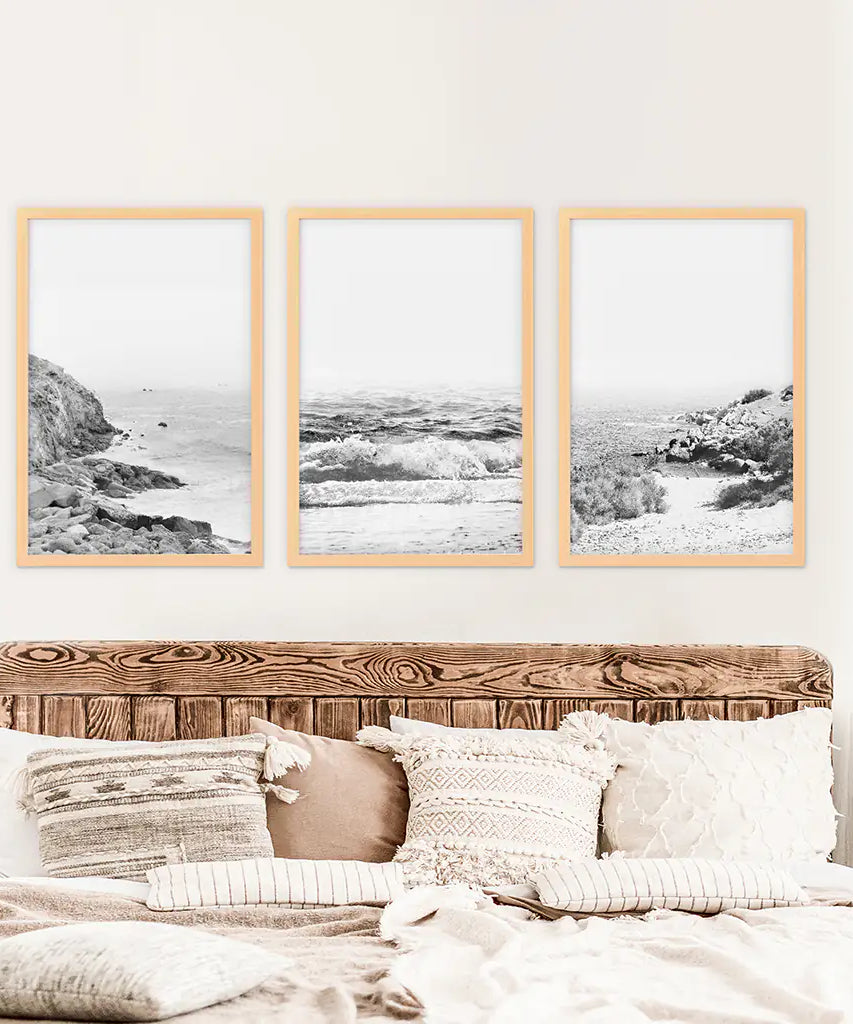 Coastal Black White Photography Set. Waves, Rocky Beach