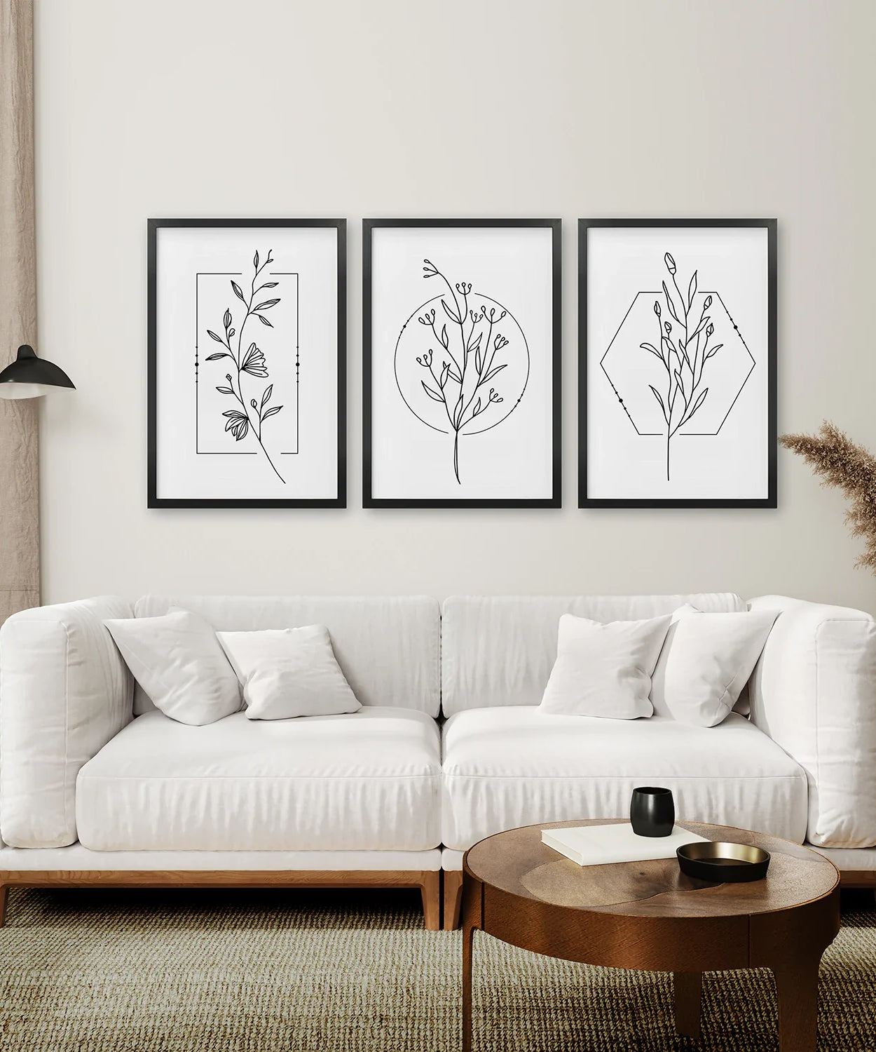 Minimalistische Blumen-Linienkunst: Schwarz-Weiß-Wandkunst-Set