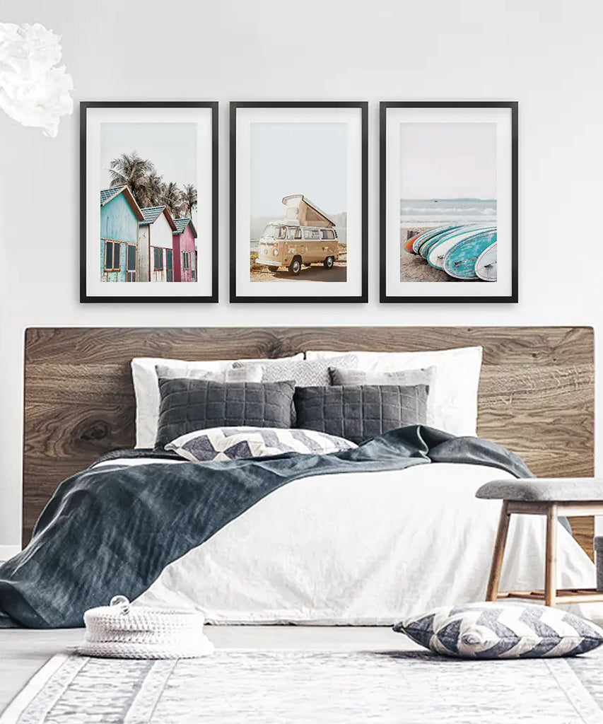 Summer Surfing Wall Art Set. Yellow Bus, Surfboards, Beach Cabins