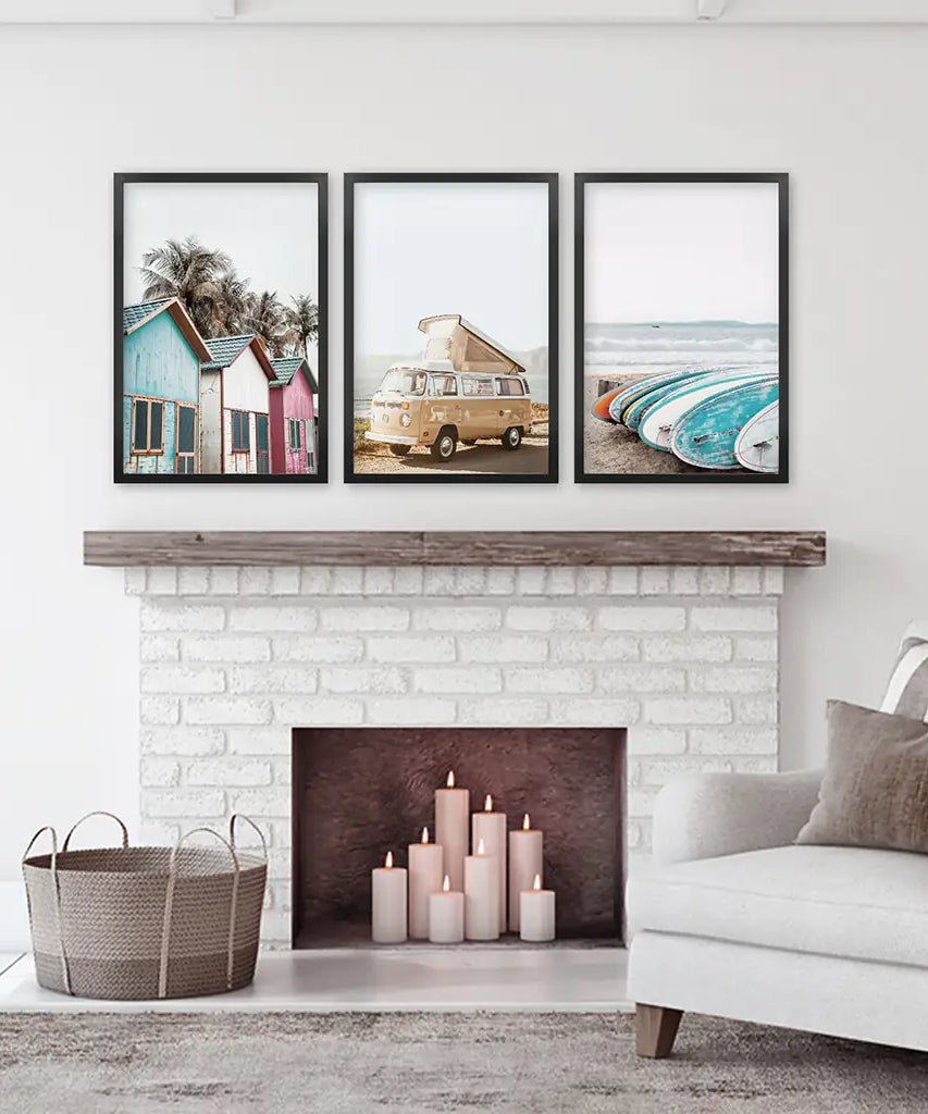 Summer Surfing Wall Art Set. Yellow Bus, Surfboards, Beach Cabins