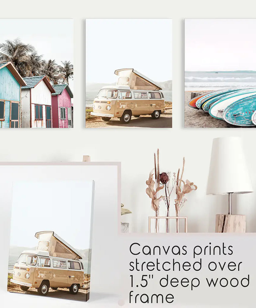 Summer Surfing Wall Art Set. Yellow Bus, Surfboards, Beach Cabins