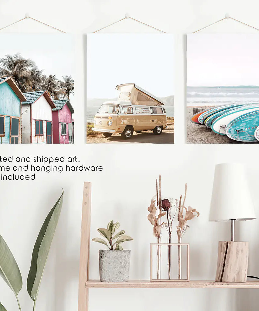Summer Surfing Wall Art Set. Yellow Bus, Surfboards, Beach Cabins