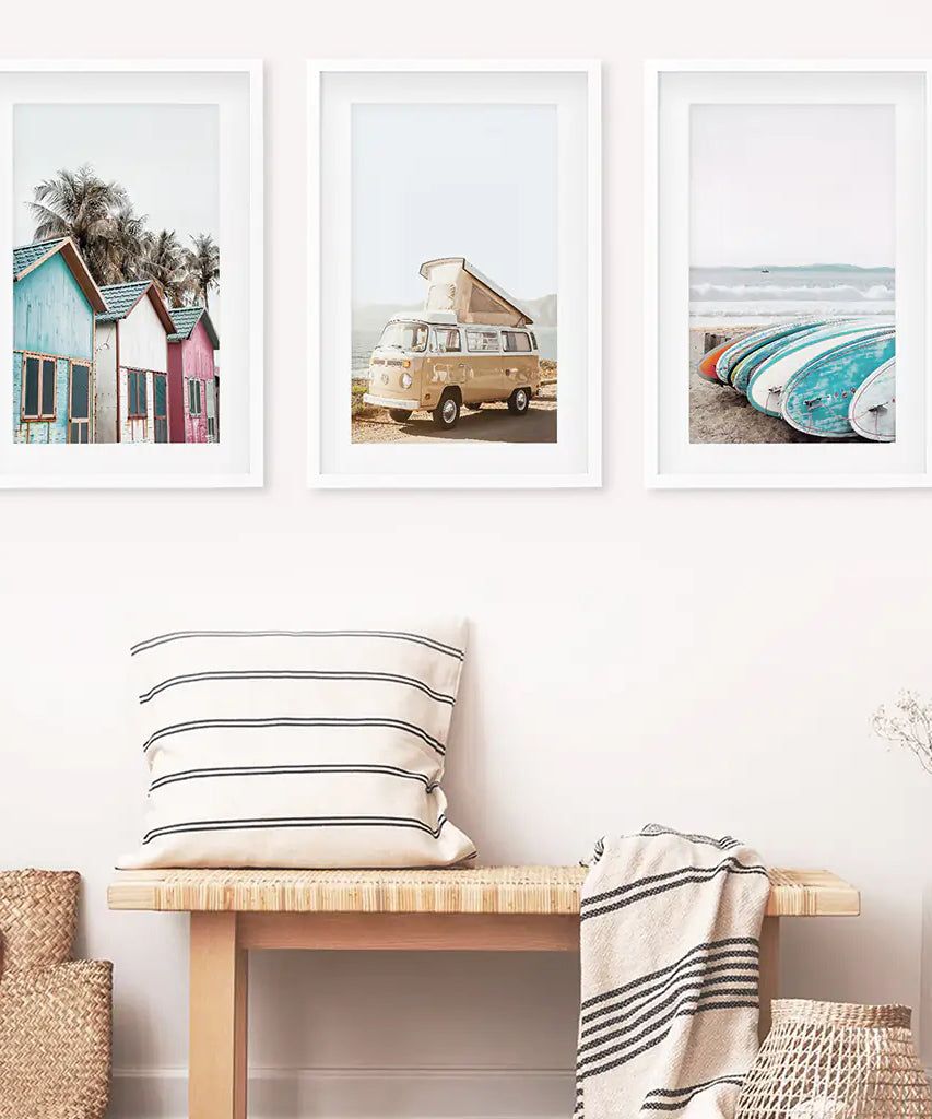Summer Surfing Wall Art Set. Yellow Bus, Surfboards, Beach Cabins