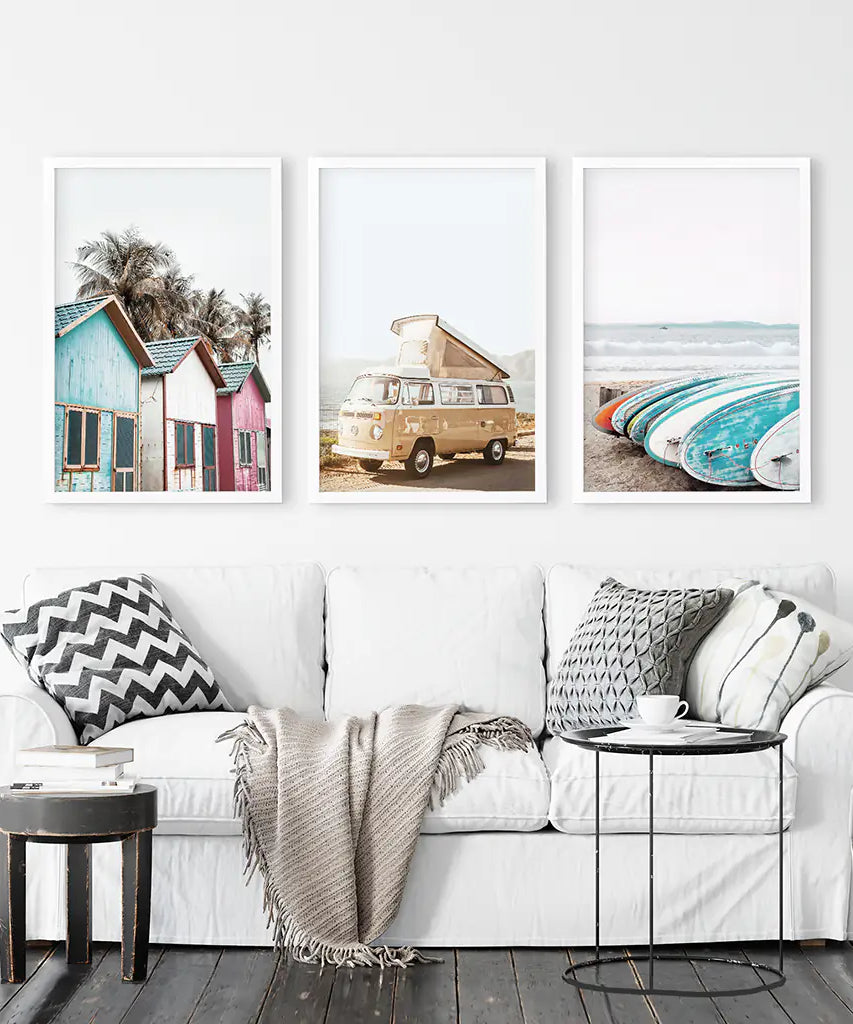 Summer Surfing Wall Art Set. Yellow Bus, Surfboards, Beach Cabins