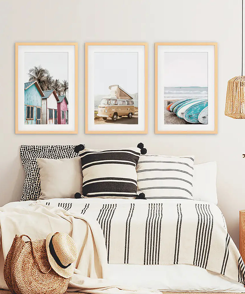 Summer Surfing Wall Art Set. Yellow Bus, Surfboards, Beach Cabins