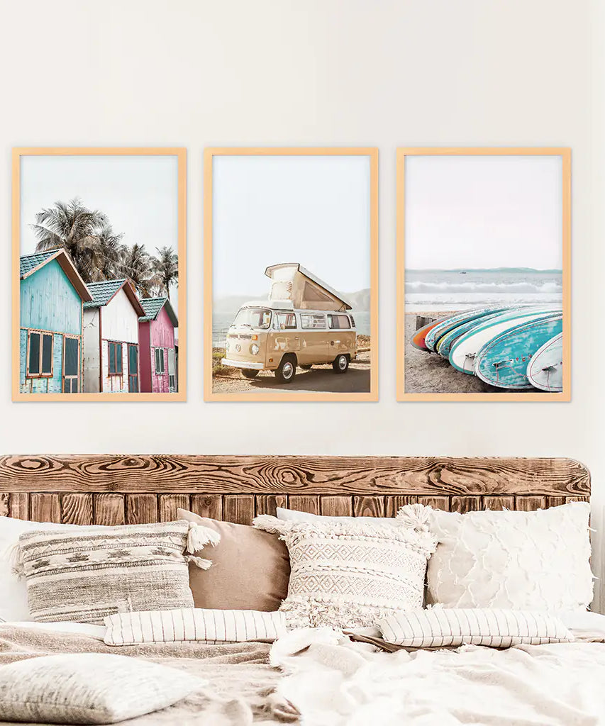 Summer Surfing Wall Art Set. Yellow Bus, Surfboards, Beach Cabins