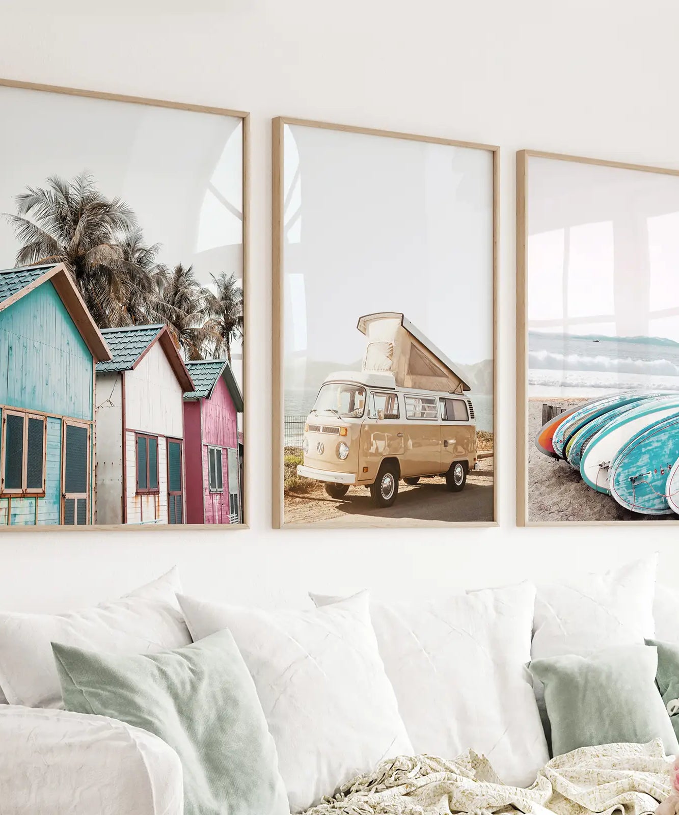 Summer Surfing Wall Art Set. Yellow Bus, Surfboards, Beach Cabins