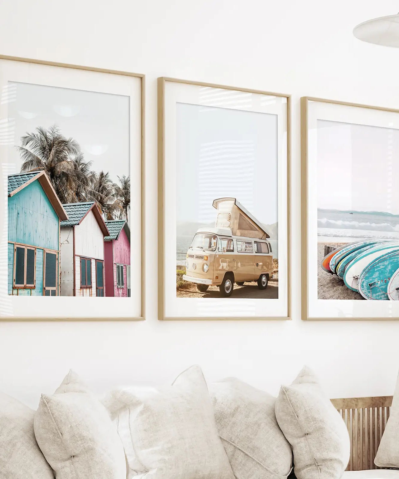 Summer Surfing Wall Art Set. Yellow Bus, Surfboards, Beach Cabins