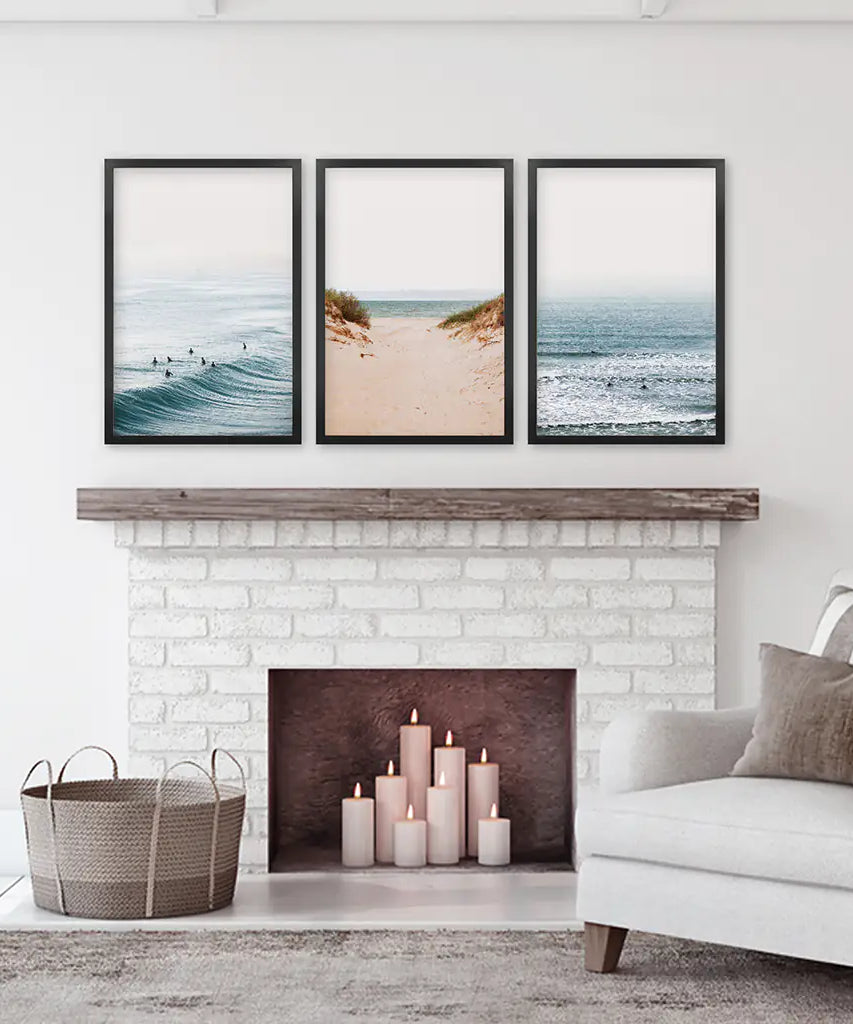 Modernes Strand Poster 3er Set. Sandstrand, Wellen, Surfer