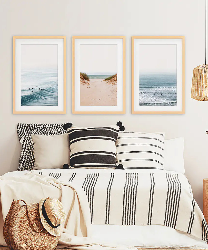 Modernes Strand Poster 3er Set. Sandstrand, Wellen, Surfer