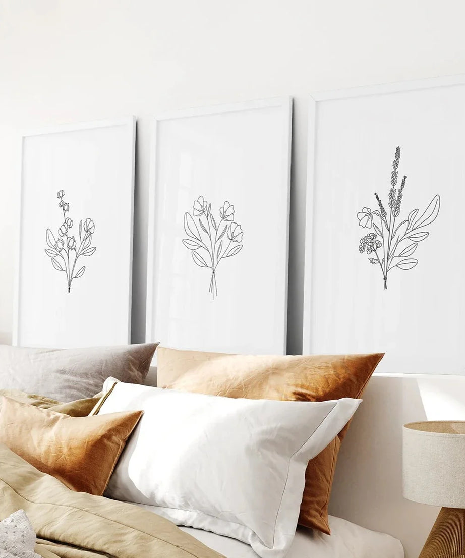 Blumen Line Art 3er Set Drucke - Botanische Wanddekoration