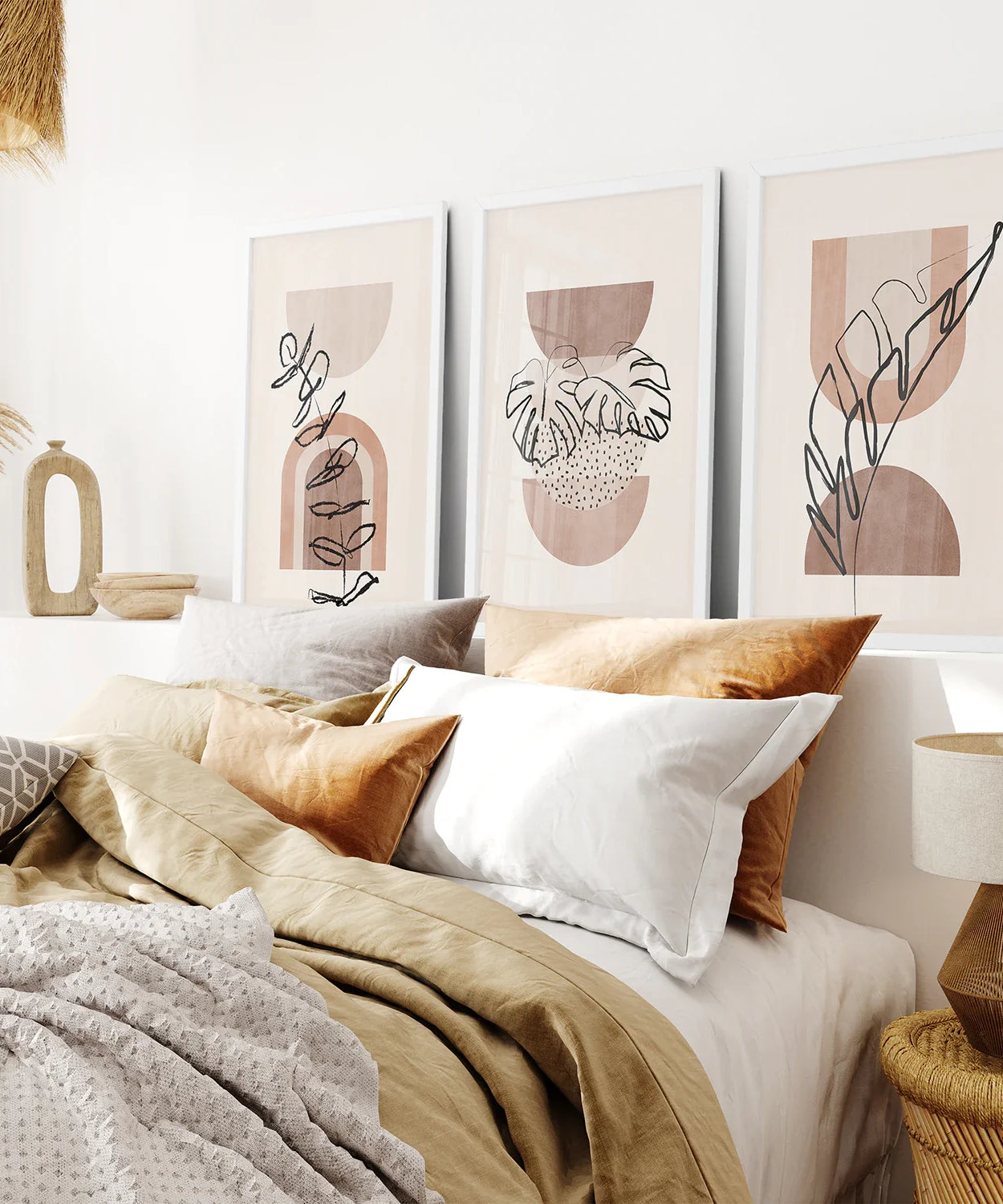 Abstraktes Aquarell 3er-Set Boho-Drucke. Tropische Blätter