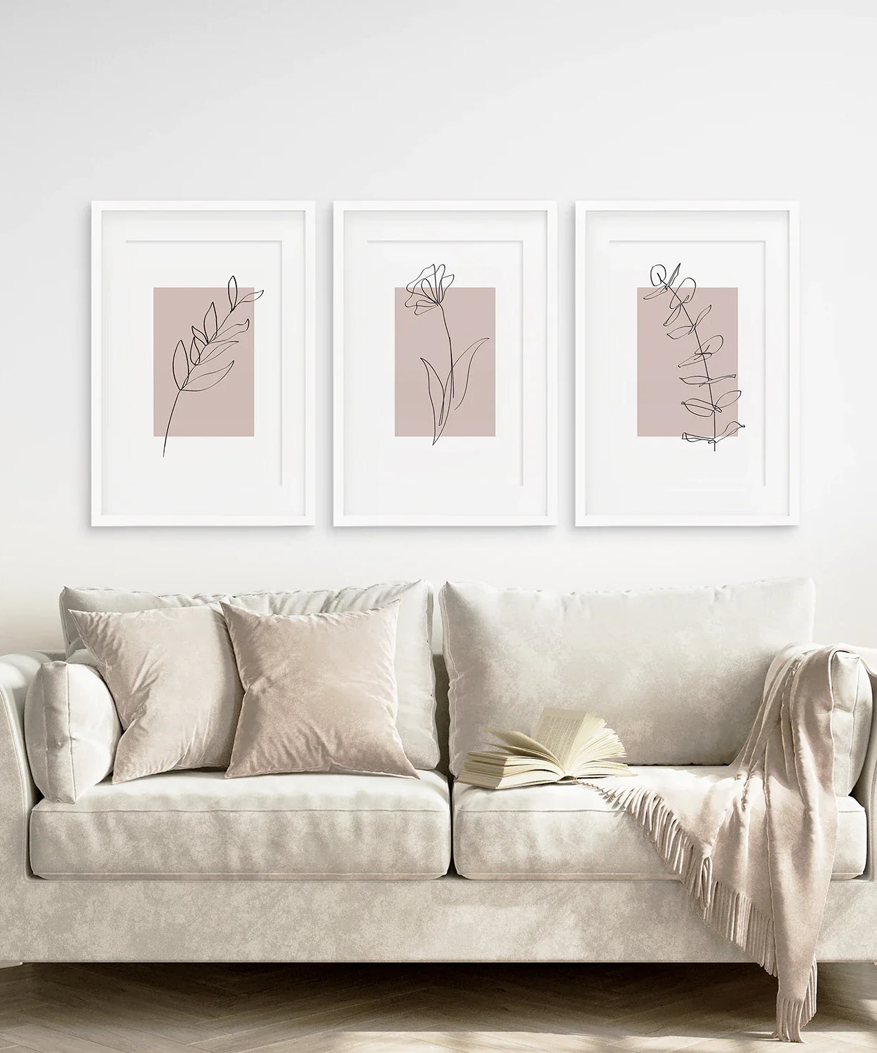 Set aus 3 botanischen Line-Art-Drucken in Rouge-Pink