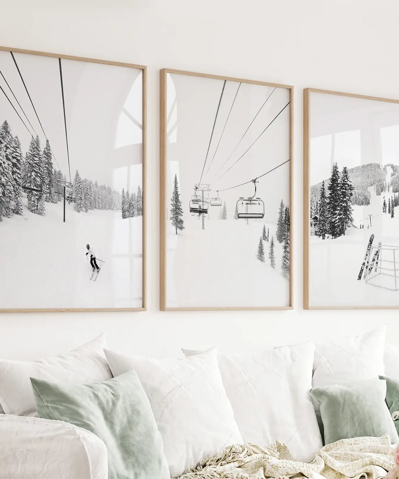 3-teiliges Wandbild-Set, Schwarz-Weiß, Wintersport. Skihütte