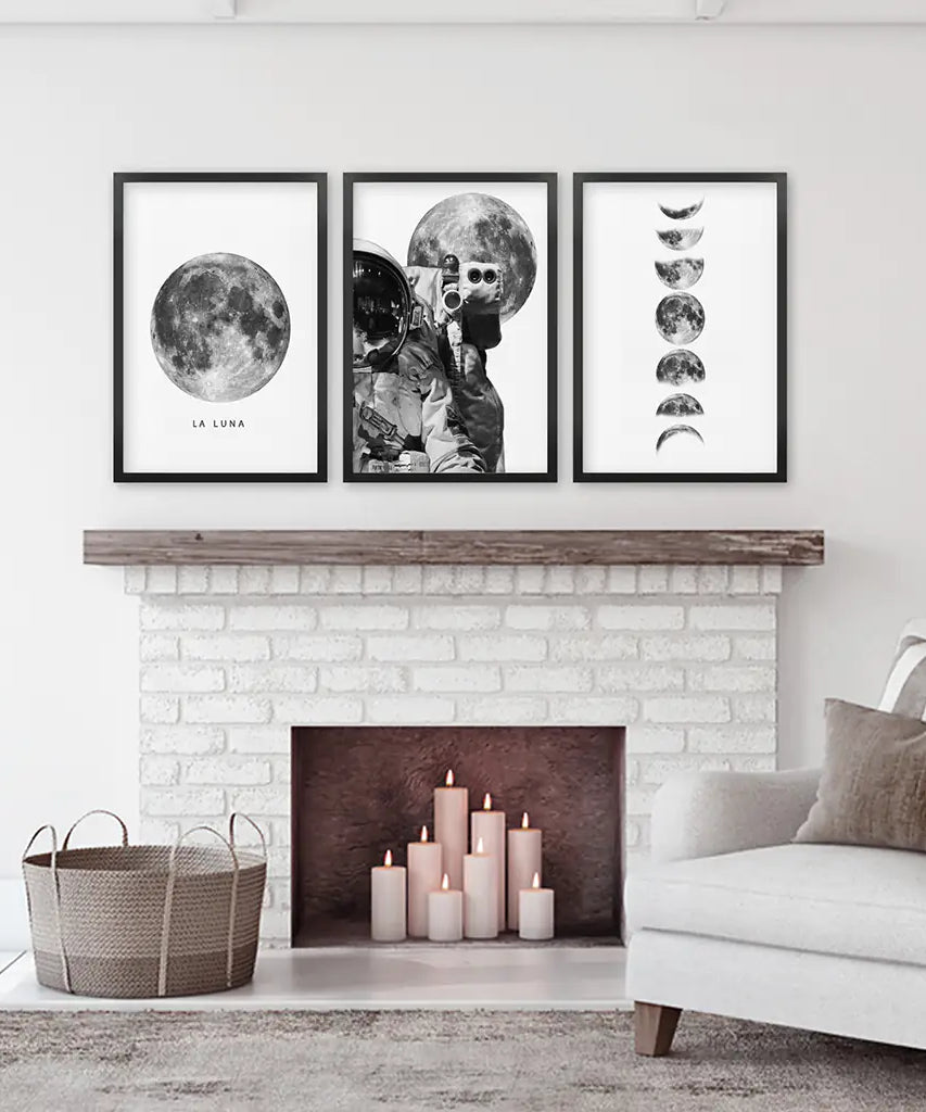 Modern Black White Moon Phases Wall Art Set of 3