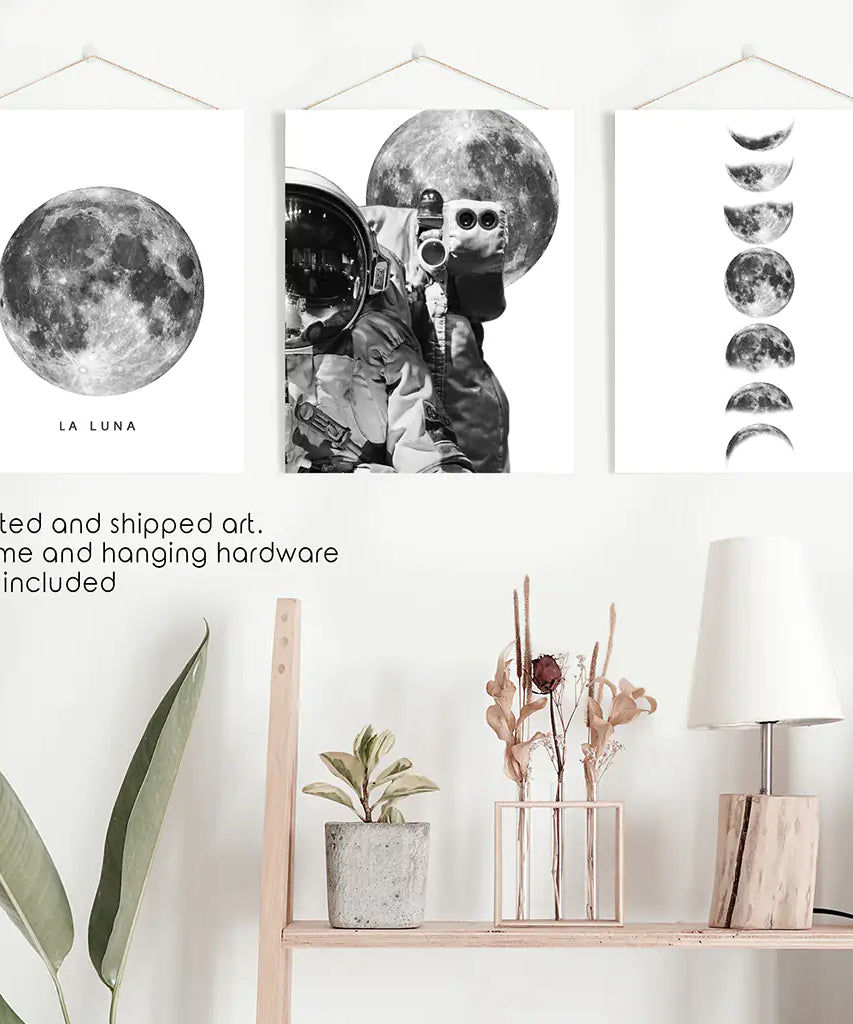 Modern Black White Moon Phases Wall Art Set of 3