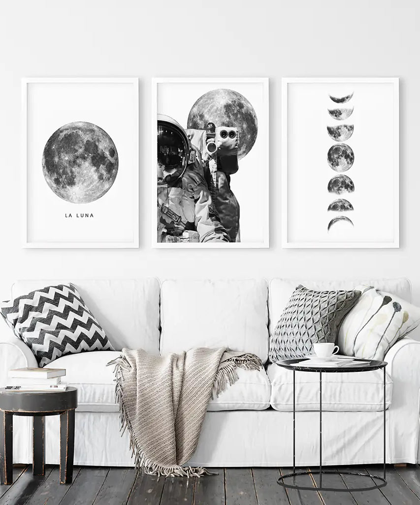 Modern Black White Moon Phases Wall Art Set of 3