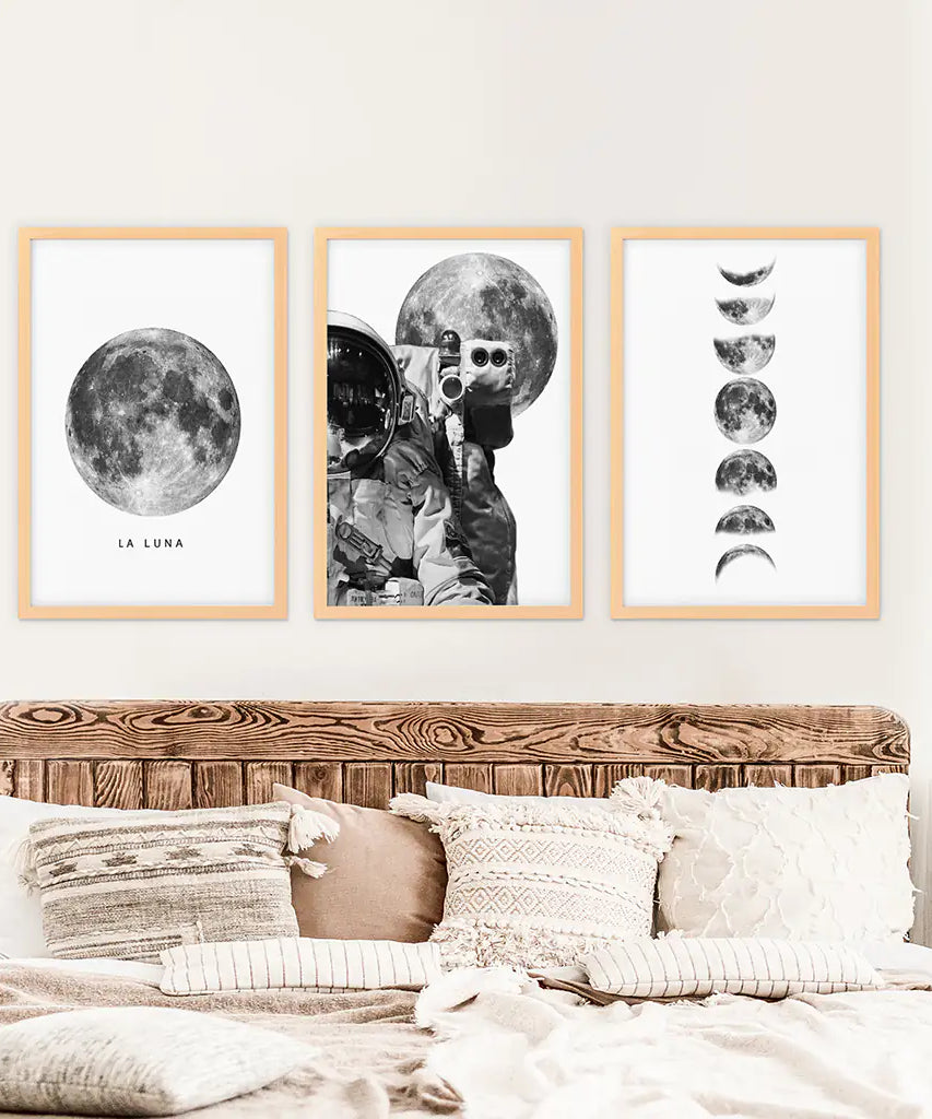Modern Black White Moon Phases Wall Art Set of 3
