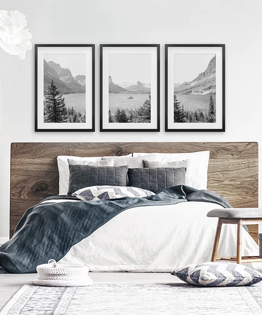 Glacier National Park. US Black White Mountain Lake Prints