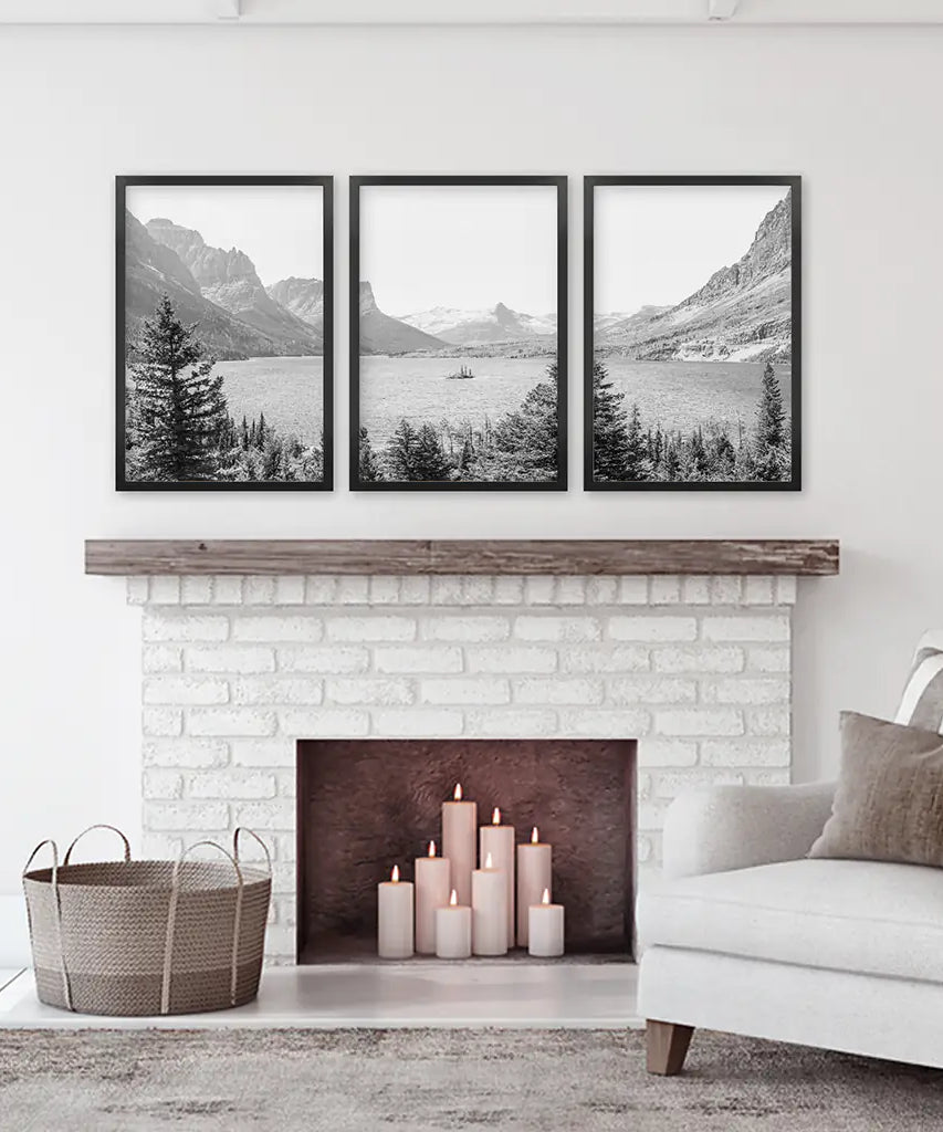 Glacier National Park. US Black White Mountain Lake Prints