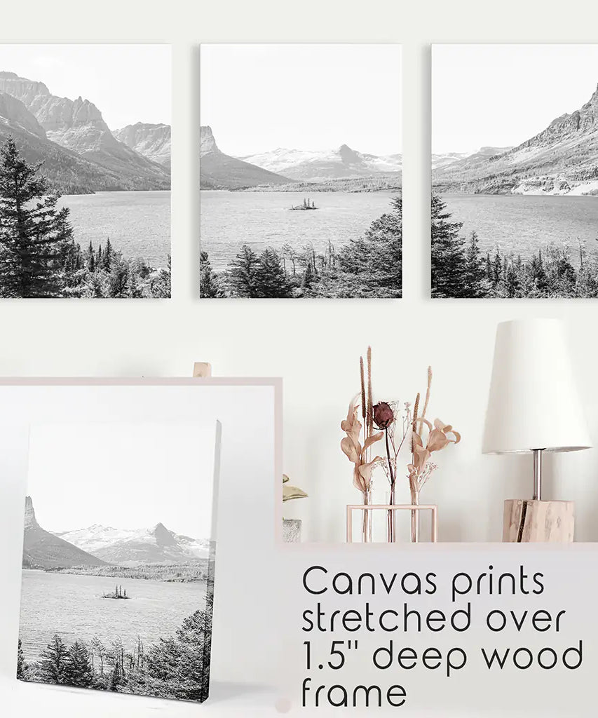 Glacier National Park. US Black White Mountain Lake Prints