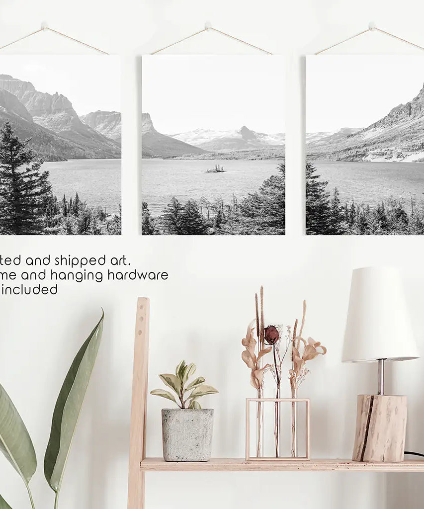 Glacier National Park. US Black White Mountain Lake Prints