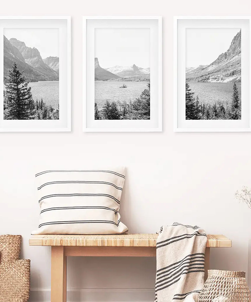 Glacier National Park. US Black White Mountain Lake Prints