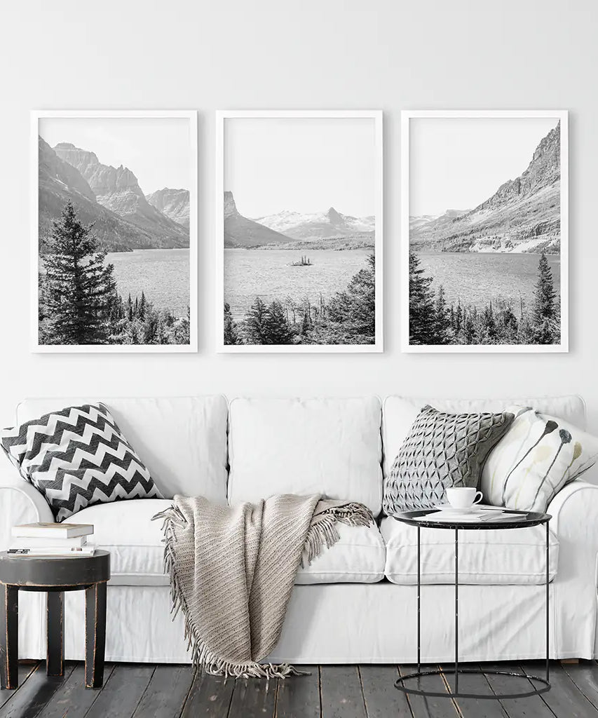 Glacier National Park. US Black White Mountain Lake Prints