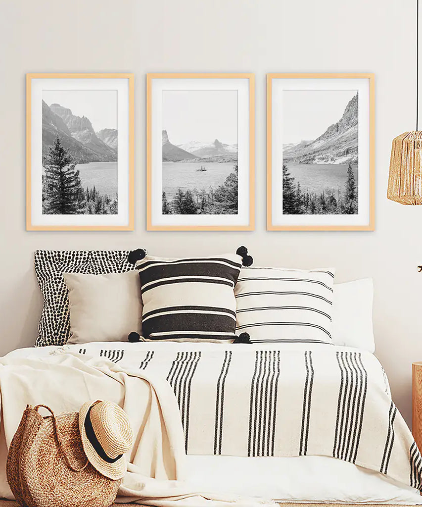 Glacier National Park. US Black White Mountain Lake Prints