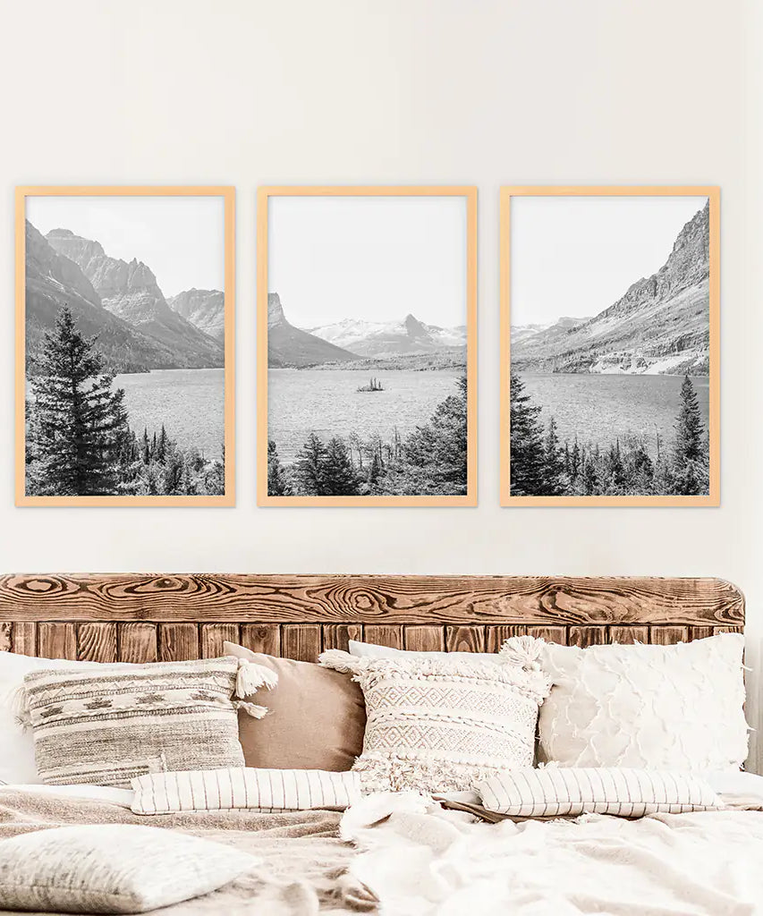 Glacier National Park. US Black White Mountain Lake Prints