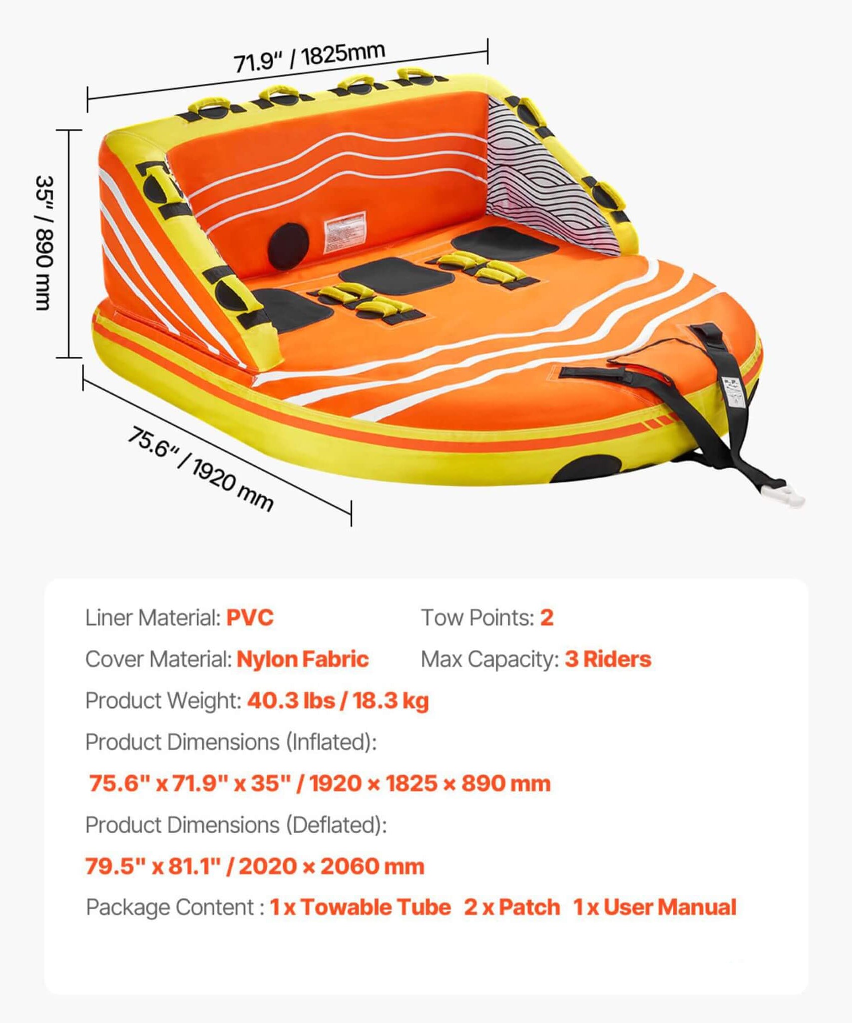 3-Person Inflatable Towable Boat Tube For Water Sports (SAK48091)
