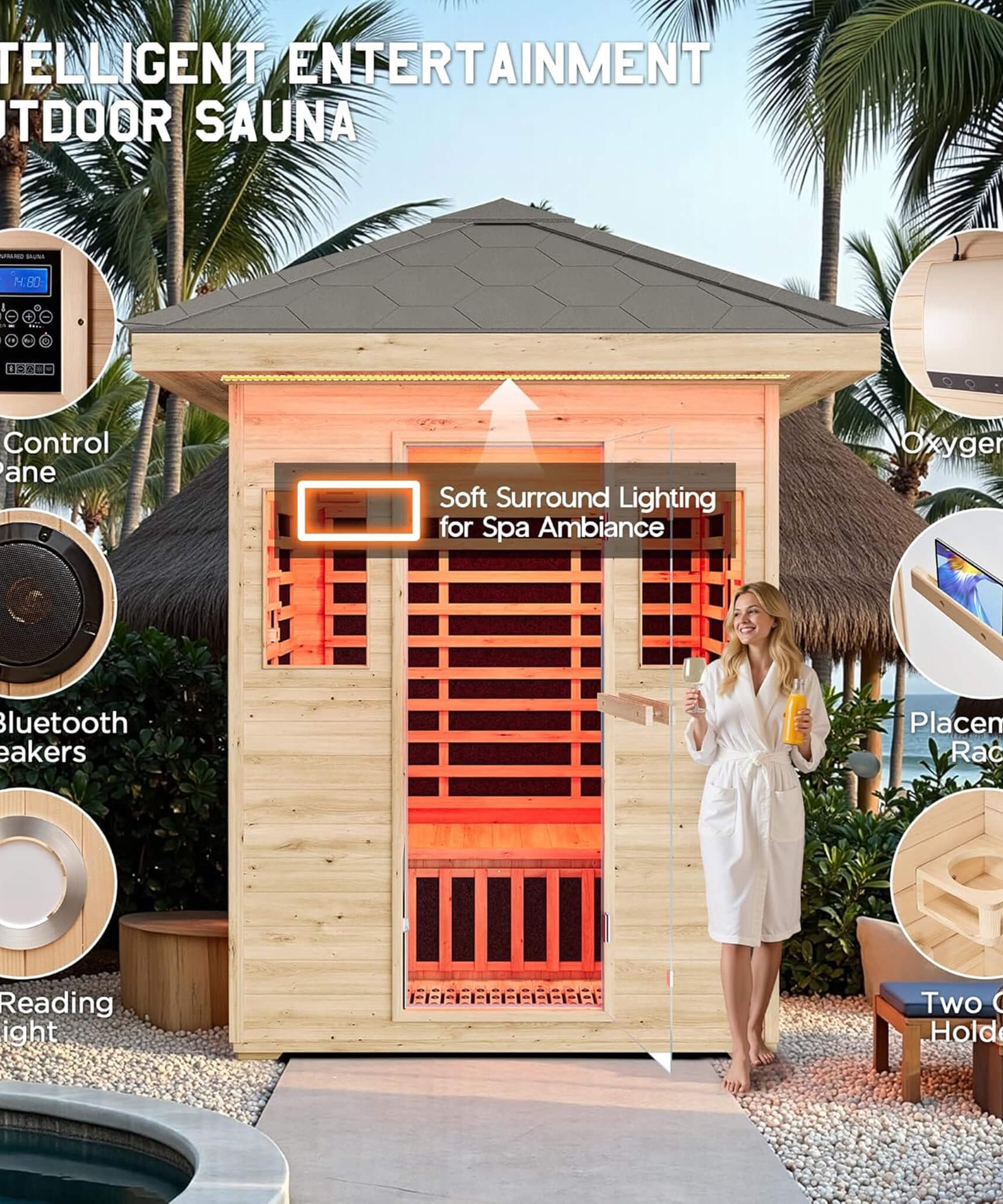 Thermora Zurich 3-Person Low EMF Spruce Wood Outdoor Infrared Sauna With Bluetooth Speakers And LED Lights (SAK59047)