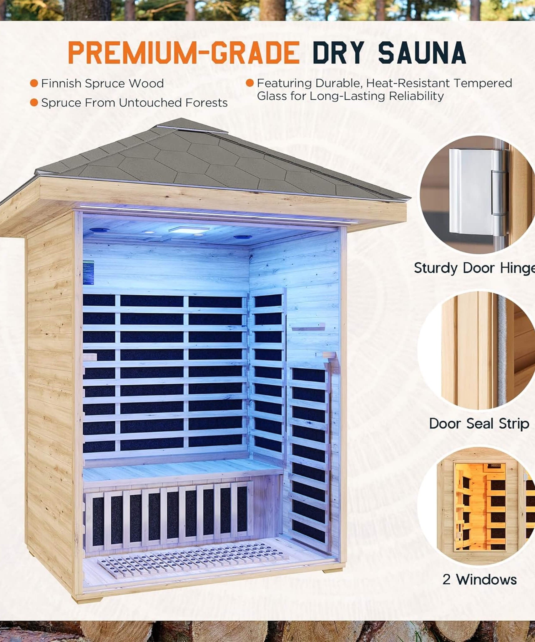Thermora Zurich 3-Person Low EMF Spruce Wood Outdoor Infrared Sauna With Bluetooth Speakers And LED Lights (SAK59047)