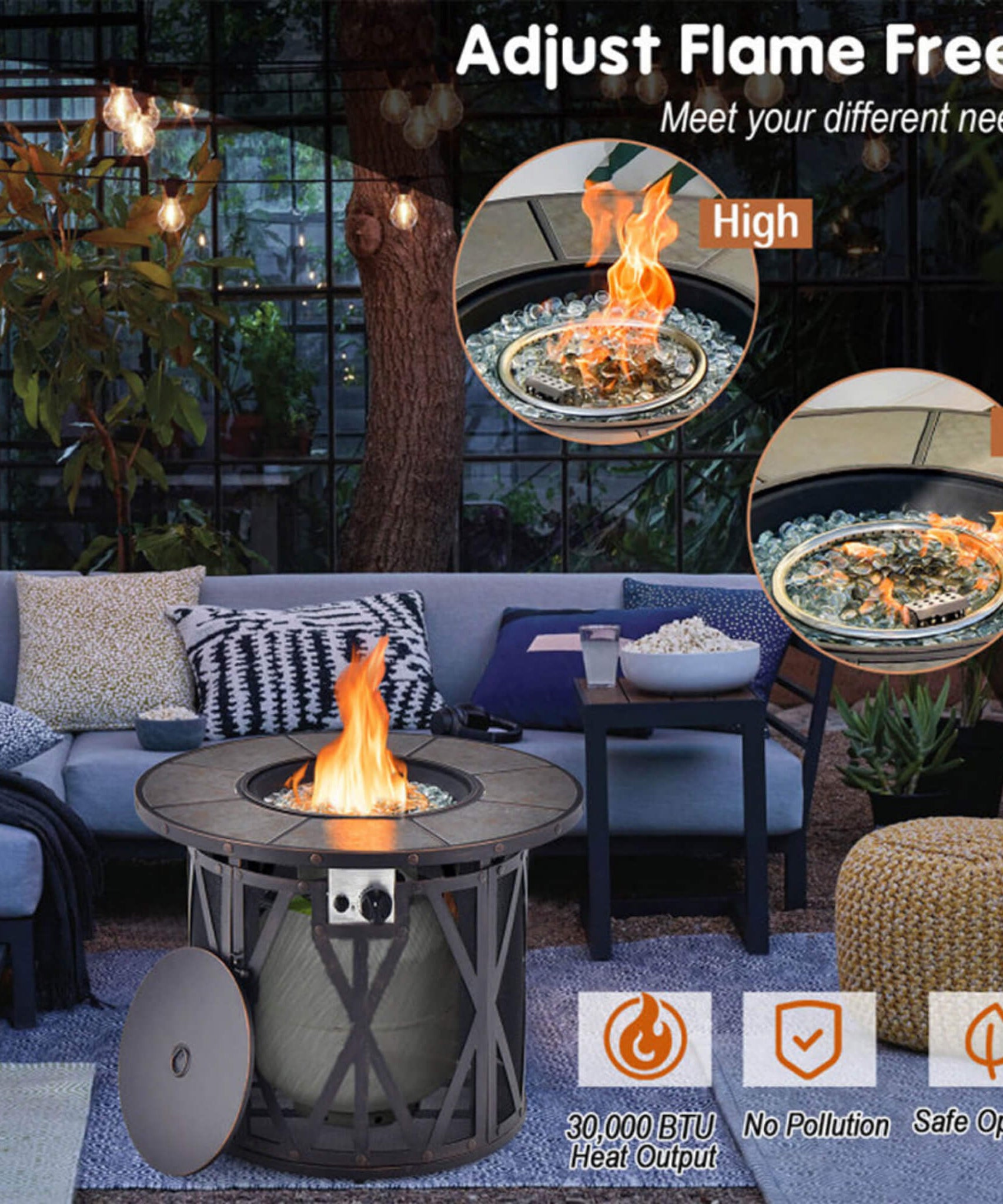 Alora 30-Inch 30K BTU Premium Outdoor Patio Gas Fire Pit Table With Fire Glass And Cover (SAK17432)