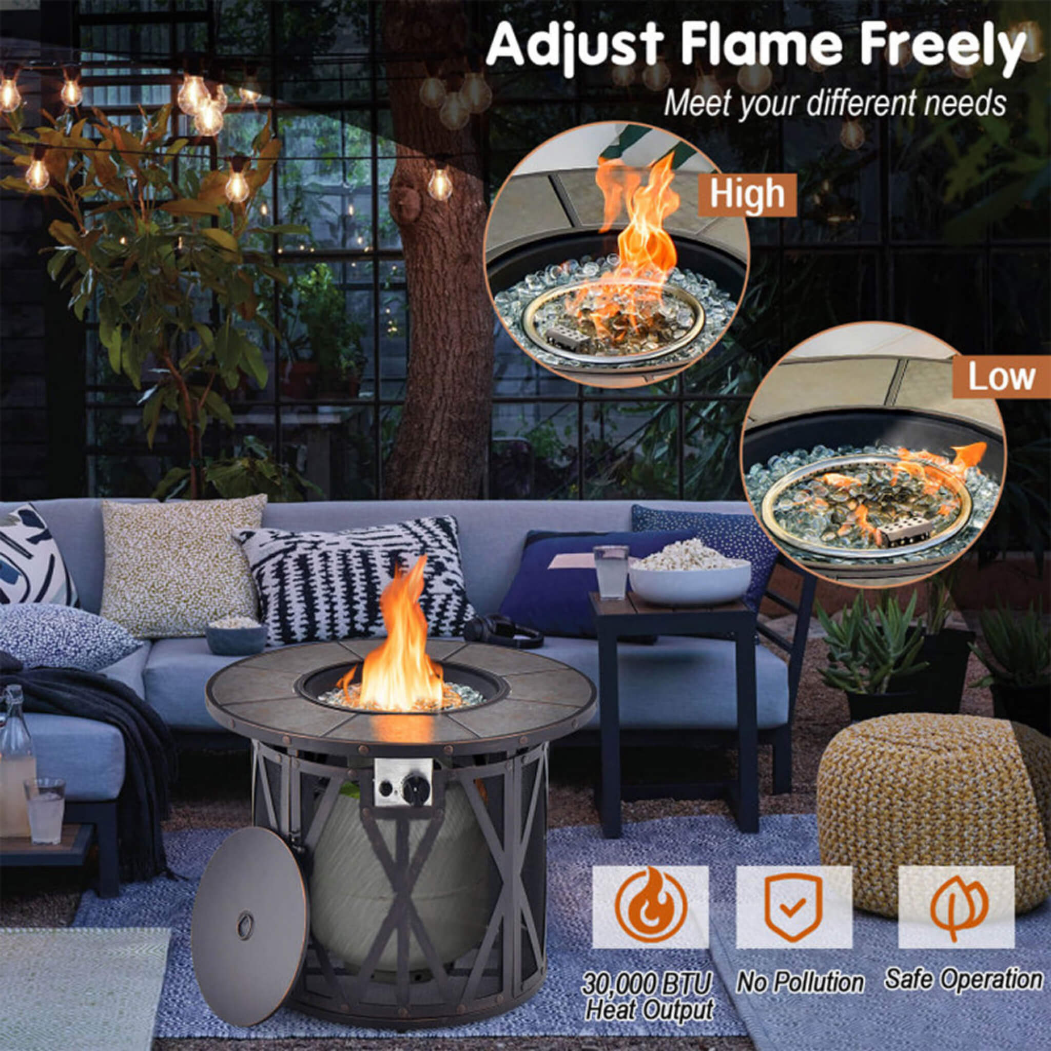 Alora 30-Inch 30K BTU Premium Outdoor Patio Gas Fire Pit Table With Fire Glass And Cover (SAK17432)